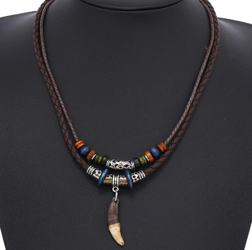 Кожаное ИНДИЙСКОЕ ОЖЕРЕЛЬЕ - ВОЛЧИЙ ЗУБ