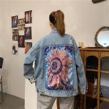 ДЖИНСОВАЯ КУРТКА С ЦВЕТАМИ ВИНТАЖ СТИЛЬ БОХО XL