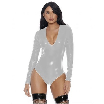 Plus Size Deep V-neck High Cut Bodysuit Long Sleev