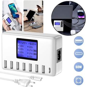 ŁADOWARKA USB 60 W 8-PORTOWA STACJA ŁADUJĄCA USB DO WIELU URZĄDZEŃ