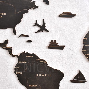 Деревянная карта мира на стене с булавками, 120 см