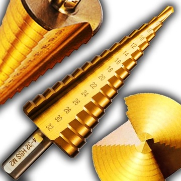 WYTRZYMAŁE Wiertło stożkowe stopniowe choinkowe TYTAN HSS do metalu 4-32MM