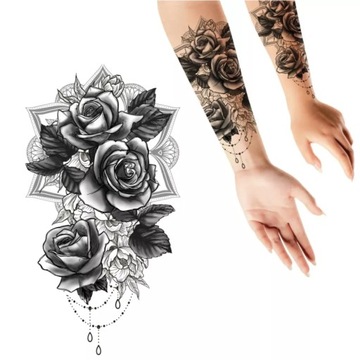 Sztuczny tatuaż róże mandala liście kobiecy czarny
