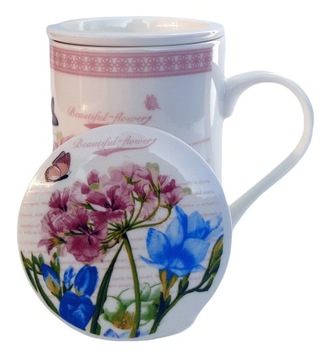 KUBEK Z ZAPARZACZEM CERAMICZNYM I POKRYWKĄ ZAPARZACZ W KWIATY 320ML PREZENT