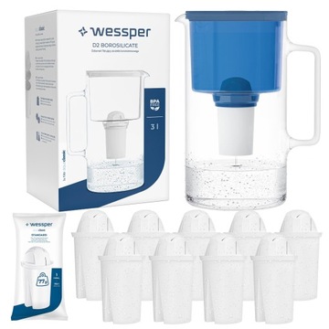 Dzbanek filtrujący szklany Wessper 3l Niebieski + 10x Filtr aquaclassic