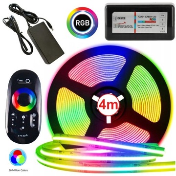 TAŚMA LED RGB COB KOLOROWA Z CZARNYM PILOTEM STEROWNIKIEM I ZASILACZEM 4M