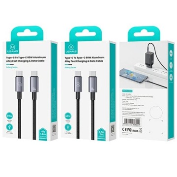 Кабель USAMS USB-C — USB-C, 60 Вт, 2 м, быстрая зарядка, сталь/тусклость, SJ664USB01