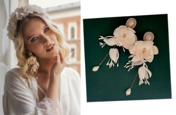KOLCZYKI ŚLUB SUTASZ BEŻ KREM PERŁY KWIATY BOHO 13