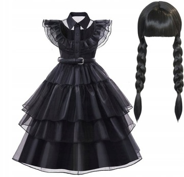 STRÓJ SUKIENKA WEDNESDAY ADDAMS PRZEBRANIE KOSTIUM PERUKA ROZM. S 104/110