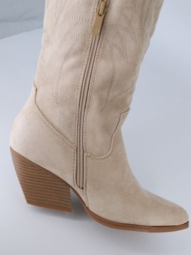 KOWBOJKI DŁUGIE KOZAKI ZAMSZOWE BUTY WIOSENNE DAMSKIE BEŻOWE 40