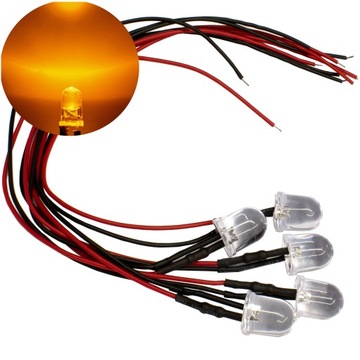DIODY LED 12V 10mm ŻÓŁTE - przewody o długości 20cm | komplet 5 SZT