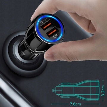 SZYBKA ŁADOWARKA SAMOCHODOWA 2 x USB QC 3.0 Podświetlenie LED