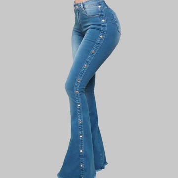 MODNE elegancka spodnie dzwony jeans push up wysoki stan szerokie nogawki