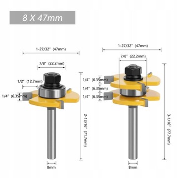 НАБОР ПРОЧНЫХ И ГРОТНЫХ ФРЕЗ 8 мм 6,35 мм с ПОДШИПНИКОМ, CE