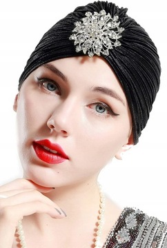 Dzianinowy turban na głowę z kryształową broszką