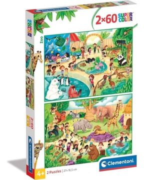 PUZZLE 2x60 EL WIZYTA W ZOO ZWIERZĘTA CLEMENTONI 2W1 4+