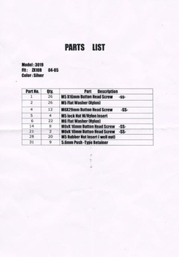 КОМПЛЕКТ ВИНТОВ ДЛЯ ОБТЕКТЕРОВ KAWASAKI ZX-10R 2004-2005 гг.