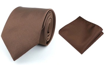Мужской галстук коричневый гладкий + нагрудный платок коричневый