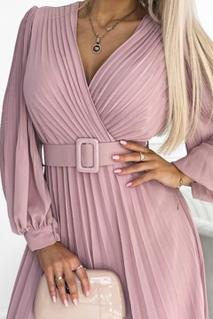 ЖЕНСКОЕ ДЛИННОЕ ПЛИССИРОВАННОЕ ПЛАТЬЕ С ПОЯСОМ, ПУДРО-РОЗОВОЕ