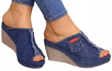 Czarne Niebieskie Sandały na Koturnie Denim 35-39