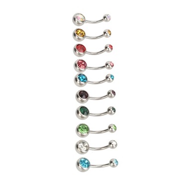 10 шт. Кольца для пупка с разноцветными стразами, изогнутая штанга 72