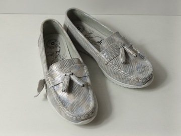 Baleriny, mokasyny Jezzi srebrne skóra r. 36 lekkie