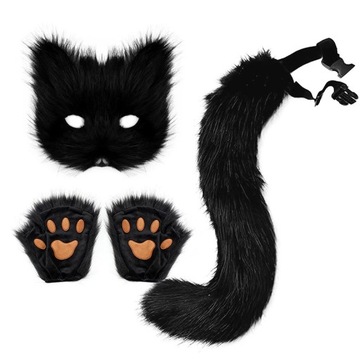 ZESTAW COSPLAY FURRY MASKA + OGON + ŁAPKI MITENKI WILK LIS FUTRZAK