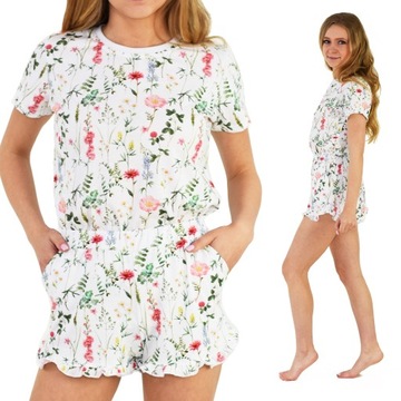 Piżama Damska Bawełniana w kwiatki łąkę koszulka i szorty z falbankami L