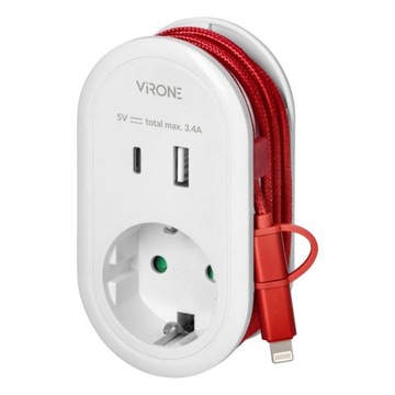 1x2P+Z адаптер с зарядным устройством USB A+C, кабель для зарядки Шуко