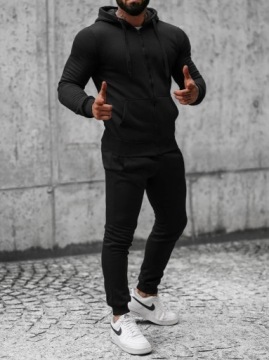 КОМПЛЕКТ МУЖСКОЙ, ЧЕРНЫЙ СПОРТИВНЫЙ КОСТЮМ С КАПЮШОНОМ НА МОЛНИИ, L