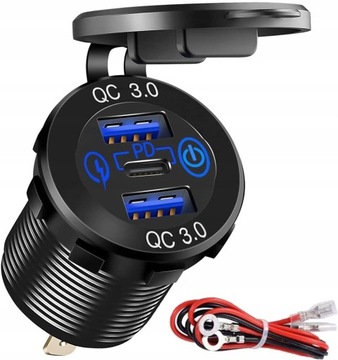 GNIAZDO ŁADOWARKA SAMOCHÓD 3xUSB QC3.0 12V-24V