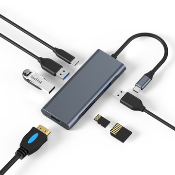Adapter 7w1 HUB USB-C 3.1 HDMI 4K, USB 3,0 x 3, Czytnik kart SD/TF, PDC