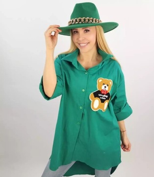 Długa koszula szmizjerka tunika z misiem (Zielony)