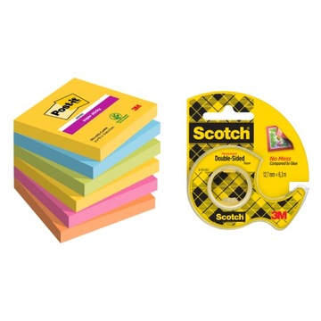 Scotch taśma dwustronna na podajniku + Post-it karteczki samoprzylepne 6x90