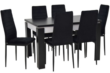 Zestaw 6 krzeseł welur czarny + stół 80x120/160 cm