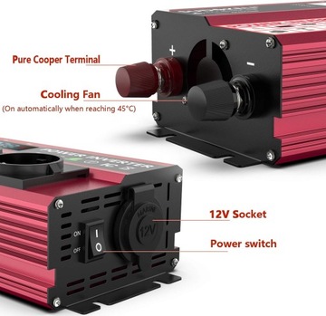 Конвертер напряжения автомобиля с ЖК -экраном 12 В 230 В 500 Вт 1000 Вт + 4x USB