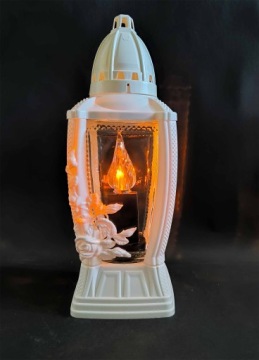 Свеча часовня, стеклянная вставка, белый глянец, могильный фонарь, 32 см, тонкий