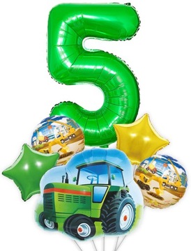ZESTAW 6 SZTUK BALON FOLIOWY CYFRA PIĘĆ 5 PIĄTE URODZINY TRAKTOR KOPARKA