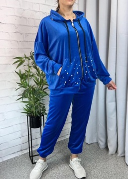 Dresy damskie welurowe komplet dresowy z perełkami chabrowy plus size 44-50