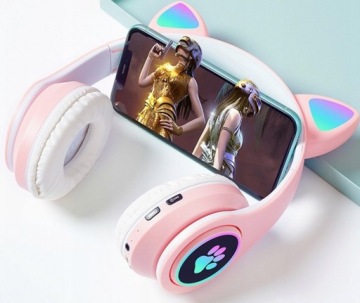 БЕСПРОВОДНЫЕ НАУШНИКИ РОЗОВЫЕ Bluetooth КОШАЧЬИ УШИ СВЕТОДИОД РОЗОВЫЙ Подарок