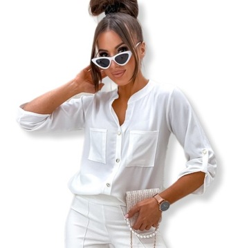 DAMSKA ELEGANCKA BLUZKA KOSZULA LUŹNA OZDOBNE GUZIKI PL PRODUCENT BIAŁA L