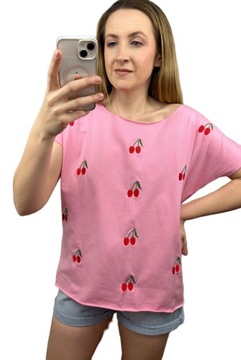 Luźna koszulka t-shirt haftowane wisienki cherry laserowo cięta S M L Fancy