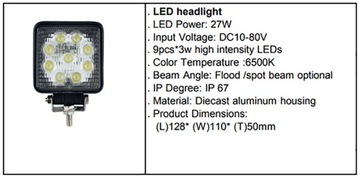 LAMPA HALOGEN PRZÓD ROBOCZA WÓZEK WIDŁOWY LED 9