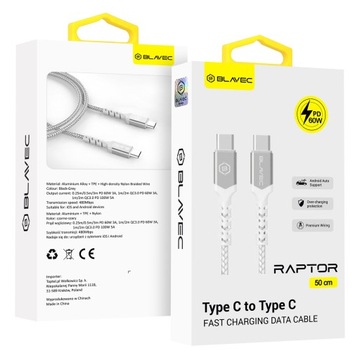 Blavec Kabel Raptor pleciony Typ C na Typ C PD 60W 3A 0,5m biało-srebrny
