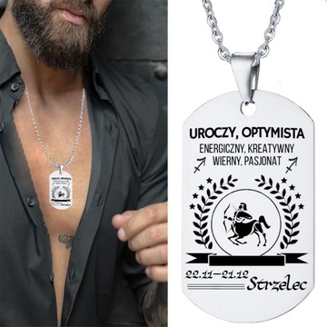 Naszyjnik Zawieszka Nieśmiertelnik Stal Znaki Zodiaku STRZELEC Grawer