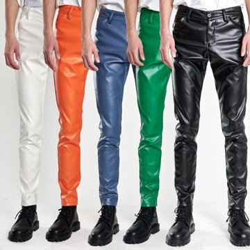 Moto Skinny Elastic Faux Leather Pants Men Black G