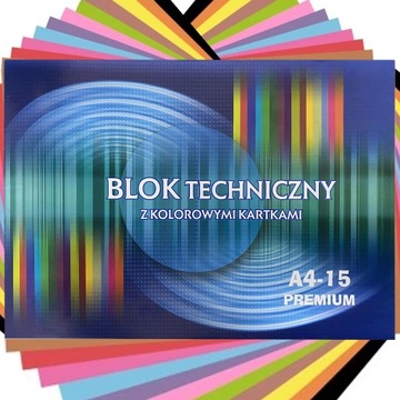 BLOK TECHNICZNY KOLOROWE KARTKI KRESKA A4 15 KARTEK 15k PREMIUM 210g/m2
