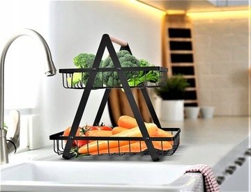 KOSZYK DWUPOZIOMOWY KOSZ NA OWOCE OZDOBNY METALOWY CZARNY DREWNIANA RĄCZKA