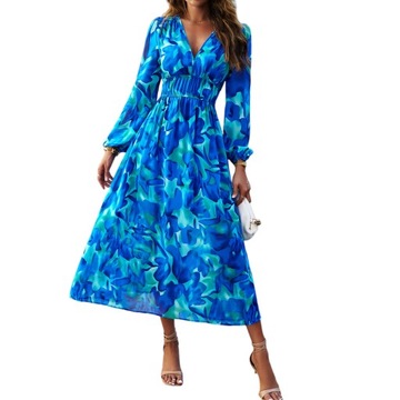 Elegancka, długa suknia w stylu resortowym V-neck
