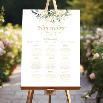Plakat weselny z planem stołów, róże, kwiaty